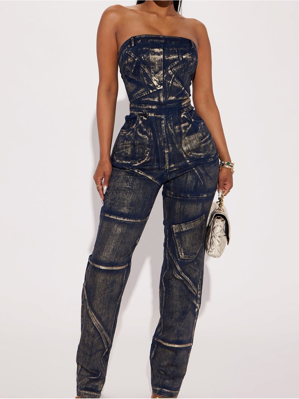 Strapless Dark Blue Denim Jumpsuit with Gold Wash
